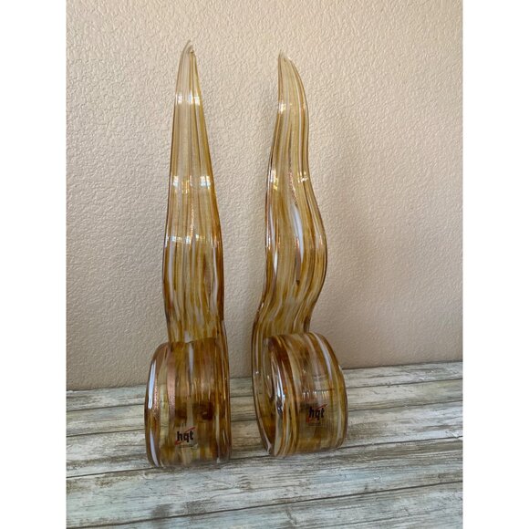 HQT Handcrafted Amber Swirl Art Glass Sculptures 12" – Set of 2 Murano Style Fla - Picture 10 of 13